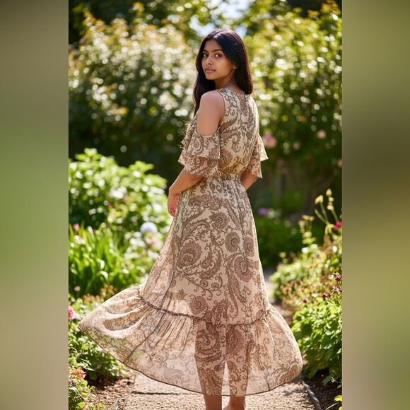 Marchesa Voyage Paisley Cold-Shoulder Ruffle Midi Dress – Size 4 (Spring 2015) - Picture 2 of 4